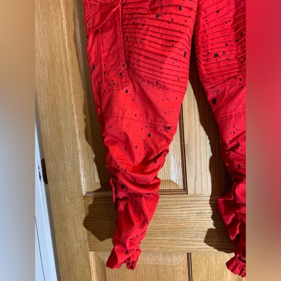 Brooklyn State Red w/Blk Splash Biker Zipper Stacked Slim Jeans Men's 5X 44X30+ - Picture 5 of 8